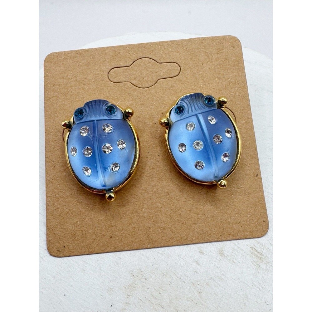 Vtg Blue Glass Jelly belly Ladybug Earrings With Crystal Rhinestones Sparkling